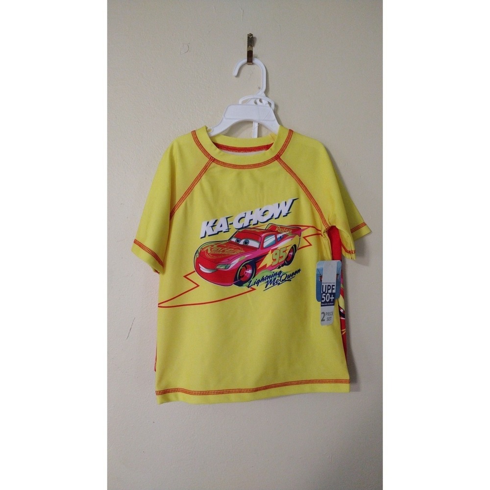 Disney Pixar Cars Lightning McQueen Rash Guard Swim Trunks Set Yellow Red 4T